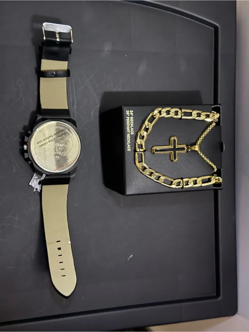 Ed Hardy Black and Gold Watch with Gold Cross Necklace Set